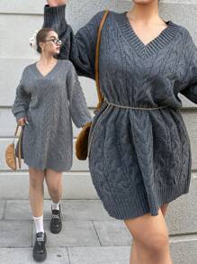 Calvaya Plus Size Women Solid Color V-Neck Lantern Sleeve Loose Casual Sweater Dress - Grey - View 1