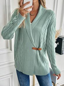 SHEIN LUNE Women Casual Solid Color Lapel Button Up Cardigan, For Autumn/Winter - Mint Green - View 5