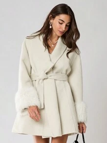 Enchnt 冬季新品，女士优雅时尚纯色披肩领长袖毛绒拼接双面大衣，冬季女装，冬装，保暖服装，冬季女士大衣，适合圣诞派对和浪漫晚餐约会 - 米色 - 查看 10