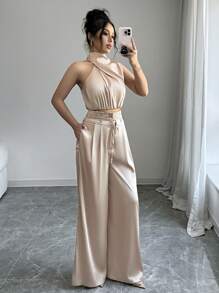 Firerie 2 件套女士扎染花卉优雅工作服 V 领上衣和阔腿裤，轻盈舒适的服装 - 杏色 - 查看 1