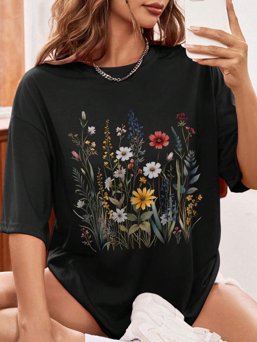 INAWLY 女士夏日花卉印花短袖t恤 - 黑色 - 查看 1