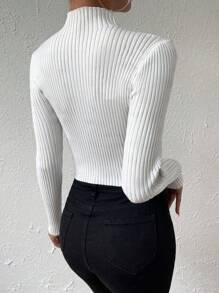 Chiquease Áo len bó sát cổ đứng tay dài màu trơn cho nữ, mùa thu/đông - trắng - Xem 2