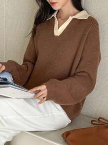 DAZY 1 pieza Jersey casual de mujer con bloqueo de color, hombro caído y manga larga, para otoño/invierno