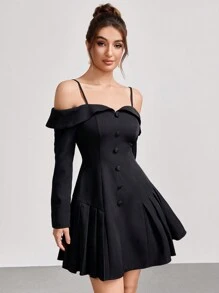 SHEIN Belle 秋冬女士宴会派对时尚优雅奢华吊带露肩收腰A字小淑女黑色连衣裙短款礼服礼服，女士秋冬正式晚礼服，派对宴会圣诞节可穿，长袖半正式舞会礼服，适合生日、婚礼嘉宾、毕业典礼、返校节 - 黑色 - 查看 3