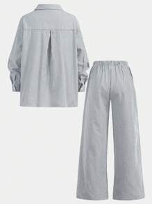 Conjunto de 2 piezas para niñas preadolescentes, camisa de manga larga con cuello y pantalón largo a rayas, de corte holgado y cómodo