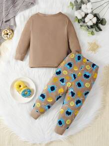 2 pièces/Set t-shirt à manches longues et legging assortis imprimés monstres pour bébé et tout-petit garçon, tenue de détente d'intérieur