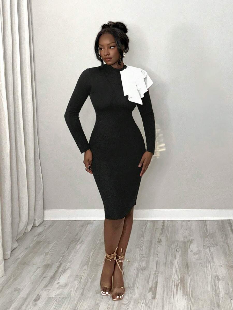 BamGleam 女士优雅拼色长袖荷叶边下摆黑色中长款紧身连衣裙女装长款女装 - 彩色 - 查看 1