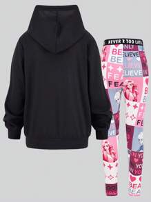SHEIN 2pcs/Set Tween Girl Casual Digital Print Long Sleeve Hoodie Sweatshirt + Digital Print Knit Full Length Pants,Spring/Autumn - Black - View 2