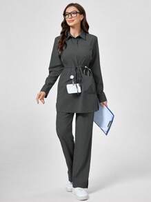 TaskEZ 1 Set Solid Color Front Button Long Sleeve Simple Scrub Top And Pants, Casual Scrub Uniform - Grey - View 4
