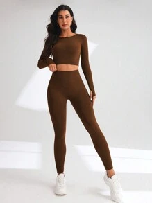 Dewbera Dewbera Set Olahraga Wanita Sederhana Warna Polos, Atasan Pendek Elastis dengan Lubang Jempol dan Legging, Set Gym untuk Latihan Wanita - Coklat - View 6