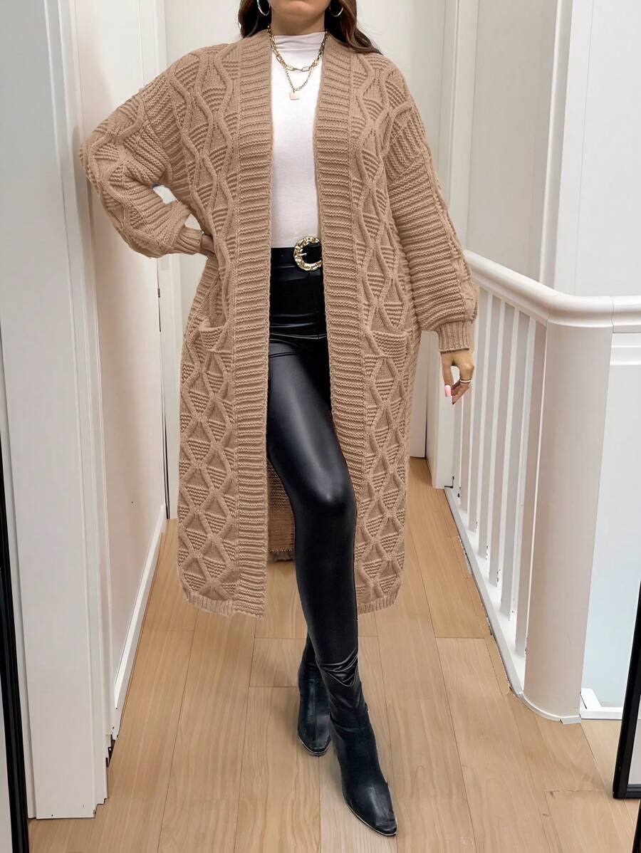 SHEIN Essnce 2pcs/Set Plus Size Women's Long Knitted Cardigan Sweater Set - Khaki - View 1