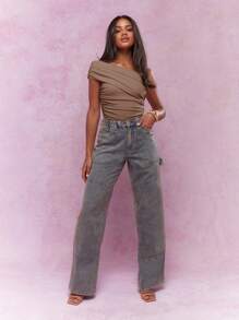 MISSGUIDED One Shoulder Ruched Bodysuit Elegant Evening Party Club Asymmetrical Flattering Form Fitting Draped Design Versatile Women Top - Khaki - View 4