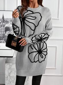 EMERY ROSE 1pc Women Embroidered Round Neck Long Sleeve Sweater Dress - Grey - View 3