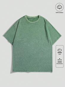 ROMWE MEN Street Life Men Summer Solid Color Round Neck Short Sleeve Casual T-Shirt - Green - View 1