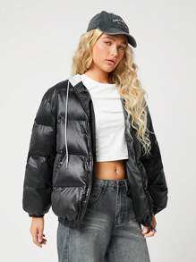 SHEIN EZwear 女士秋冬连帽亮面绗缝拼接二合一运动衫休闲棉服外套 - 黑色 - 查看 6