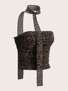 SHEIN X Belinda SHEIN EZwear 女士豹纹网眼褶皱抹胸（配围巾）