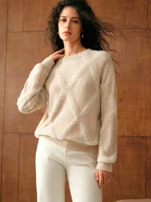 MOTF PREMIUM 纯色毛绒菱形花纹边饰毛衣 - 杏色 - 查看 6