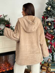 SHEIN EZwear 1pc Women Loose Apricot Pocket Button Fluffy Hooded Sweatshirt Jacket With Long Sleeves - Khaki - View 2