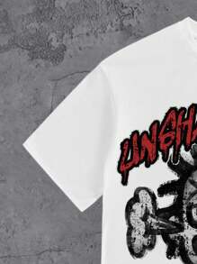 Manfinity ZONE917 White Knit Men's Letter & Cartoon Print Round Neck Short Sleeve T-Shirt - White - View 3