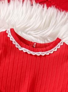 Glamorique Kids Baby Girl Christmas Red Contrast Mesh Ribbed Knit Bow Decor Elegant Dress - Red - View 4