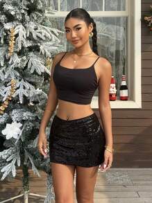 SHEIN EZwear 女士性感黑色亮片迷你裙、派对装 - 黑色 - 查看 8