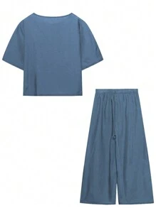 INAWLY Women's Fashion Solid Color Short Sleeve Top And Long Pants 2-Piece Set