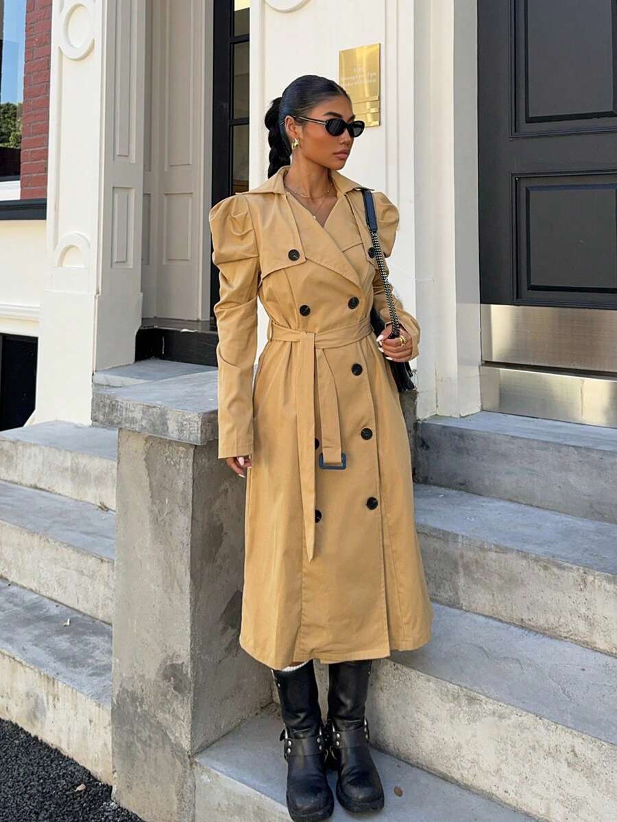 Chiquease Áo khoác dài thanh lịch cổ ve lật tay giám mục màu trơn cho nữ, mùa thu - Màu Khaki - Xem 1