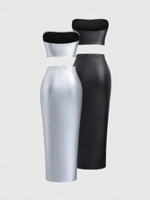 SHEIN Unity 2 Teile Set: Ärmellose Bandeau-Top in Einfarbigem Kunstleder & Elastischer Taillenbund Enganliegende Passform Rock - Verschiedenfarbig - Übersicht 2