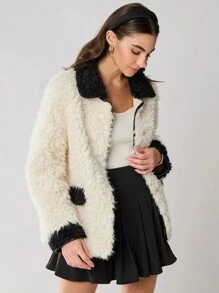 Enchnt 女士休闲宽松黑白拼色单排扣蓬松夹克，日常，工作，冬季女装，圣诞女装，