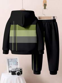 SHEIN Leap Crew 年轻男孩宽松休闲运动套头连帽衫和裤子 2 件套，适合秋冬季 - 彩色 - 查看 3