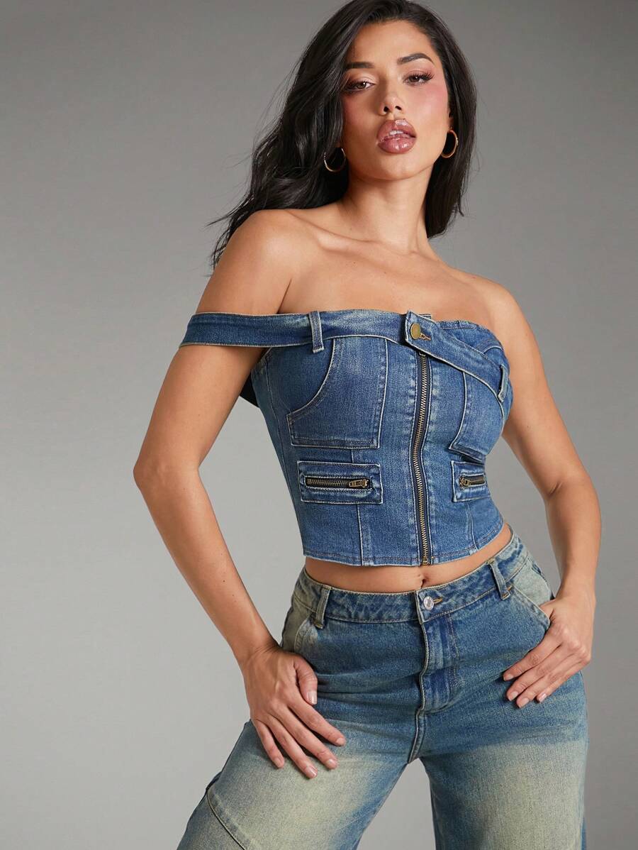 Denimoi Premium Denim Zip One Shoulder Casual Cropped Top - Dark Wash - View 1