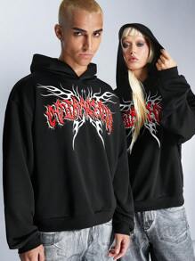 Manfinity VCAY Men's Loose Letter Print Slouchy Hoodie Sweatshirt, Suitable For Autumn/Winter - Black - View 4