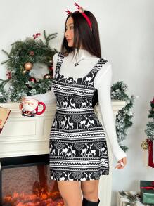 SHEIN EZwear Váy dây họa tiết tuần lộc thường ngày dành cho nữ nhân dịp Giáng sinh - màu đen - Xem 3