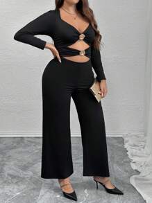 SHEIN Privé Plus Size Cut-Out Metal Floral & Rose Long Sleeve Jumpsuit - Black - View 5