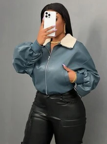 Slaydiva Chaqueta de mujer de manga larga con bolsillo, de piel sintética (PU), relajada, para otoño/invierno 2024 - B - Verde - Ver 3