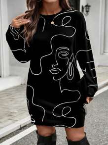 SHEIN LUNE Plus Size Women Graphic Print Long Sweatshirt Dress, Artistic Line Drawing Portrait Design, Suitable For Autumn/Winter
