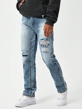 SHEIN Tween Jungen Urban Street Chic Gerade Jeans mit auffälligen Kontrastdetails, zerrissen und halbelastischer Taille