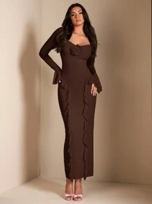 SHEIN BAE Váy trang trí hoa 3D xếp nếp thanh lịch, thích hợp cho những buổi hẹn hò bình thường, tụ họp, tiệc tùng, mùa thu - Cà phê nâu - Xem 4