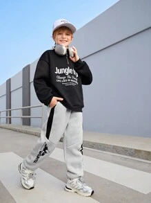 SHEIN 青少年男孩长裤，带侧边印花，保暖内衬，弹性袖口，适合日常、足球、篮球、健身 - 灰色 - 查看 5