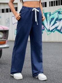 SHEIN Quần Jeans Denim Giặt Cho Nữ Tuổi Teen, Thời Trang Thường Ngày Nhẹ Đa Năng Cho Mùa Xuân/Hè - Rửa tối - Xem 5