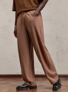 AKNOTIC Party Men Knitted Elastic Waist Loose Straight Leg Casual Sweatpants, Suitable For Autumn - Mocha Brown - View 2