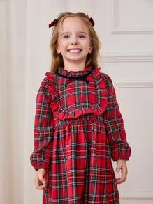 Cozy Pixies Young Girl Red Black Plaid Bow Decor Round Neck Ruffle Waist Long Sleeve Dress - Red - View 5