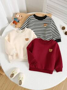SHEIN Set de 3 sudaderas casuales con estampado de dibujos animados, de rayas negras/blancas y color caqui sólido de manga larga para niño bebé, adecuado para salidas de otoño e invierno