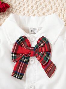 SHEIN Baby Girl Christmas Open Shoulder Ruffle Collar Bow Long Sleeve Top & Plaid Pleated Skirt 2pcs Suit Set, Warm And Comfortable Clothes, Cute Outfit For Autumn/Winter - Multicolor - View 4