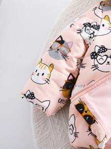 SHEIN 3pcs Baby Girl Cute Pink Cat Pattern Warm Fleece Hooded Jacket & Pants Set, Autumn/Winter