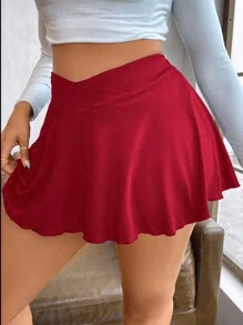 Maweii 大码女式纯色不对称腰部褶皱休闲迷你裙新年服装 - 紅色 - 查看 5