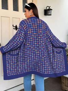 Flirla 大码长款格子混色开衫，带口袋