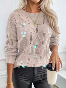 SHEIN LUNE Women Solid Color Sequins Detail Elegant Knitted Sweater, Suitable For Autumn/Winter Fall - Grey - View 4