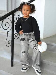 SHEIN Leap Crew SLAYR Young Girl Young Girl 3 件套宽松酷炫街头风格牛仔效果印花裤、紧身背心和短款运动衫，时尚，秋冬季，非常适合休闲和日常穿着和学校日常，酷炫街头女孩，Y2K 女孩 - 彩色 - 查看 4