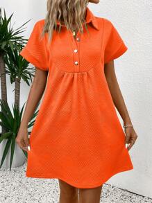 SHEIN LUNE Women's Summer Casual Minimal Button Henley Short Sleeve Polo Collar Dress - Orange - View 5